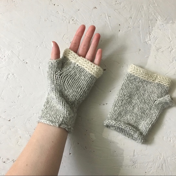 Hand knit 100% Wool Fingerless Gloves Neutral Minimal Design - Picture 2 of 6